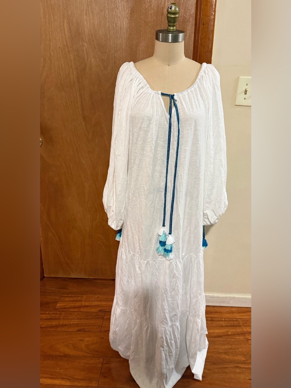 NWT pitusa White Peasant Maxi Dress with Blue Tassel Tie